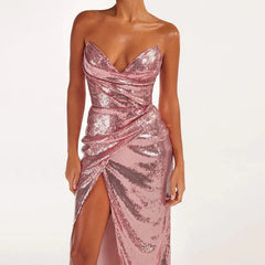 Sequined Strapless Slit Lace Up Ankle Length Dress