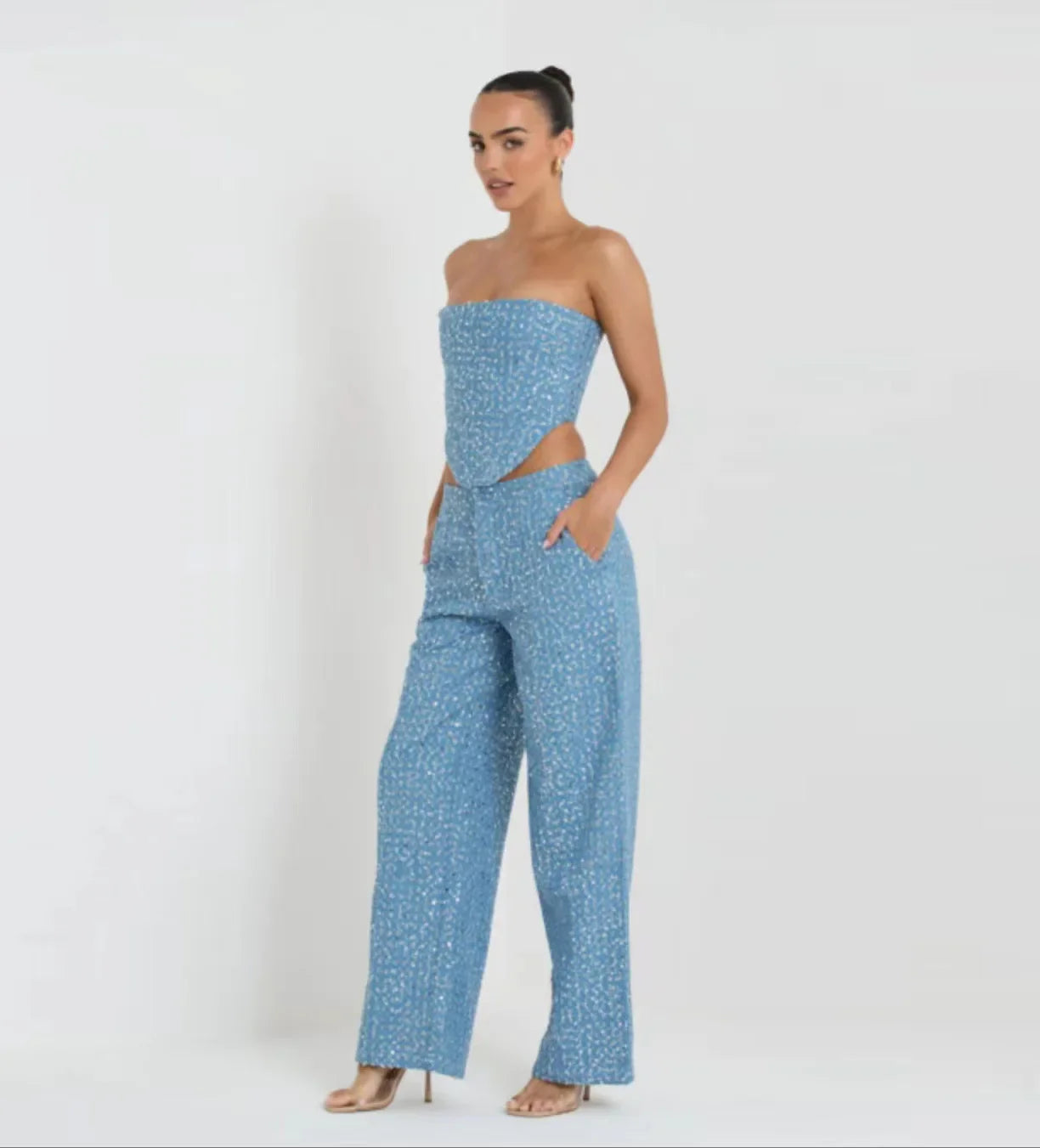 Sequins Strapless Short Skirt Denim Pants and Corset Set