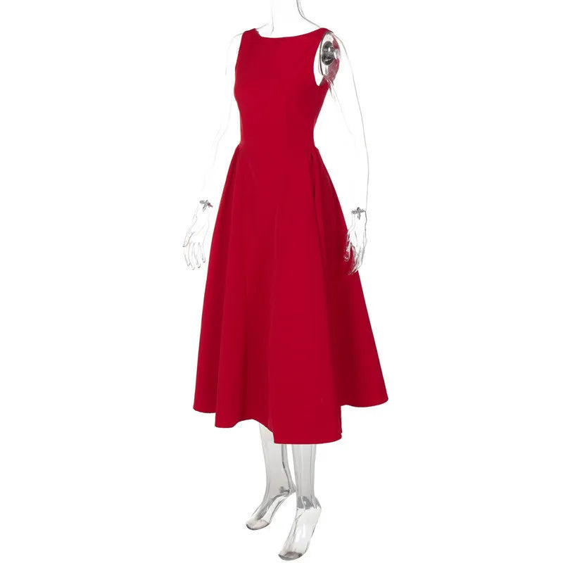Straight Neck Sleeveless Flare Midi Dress