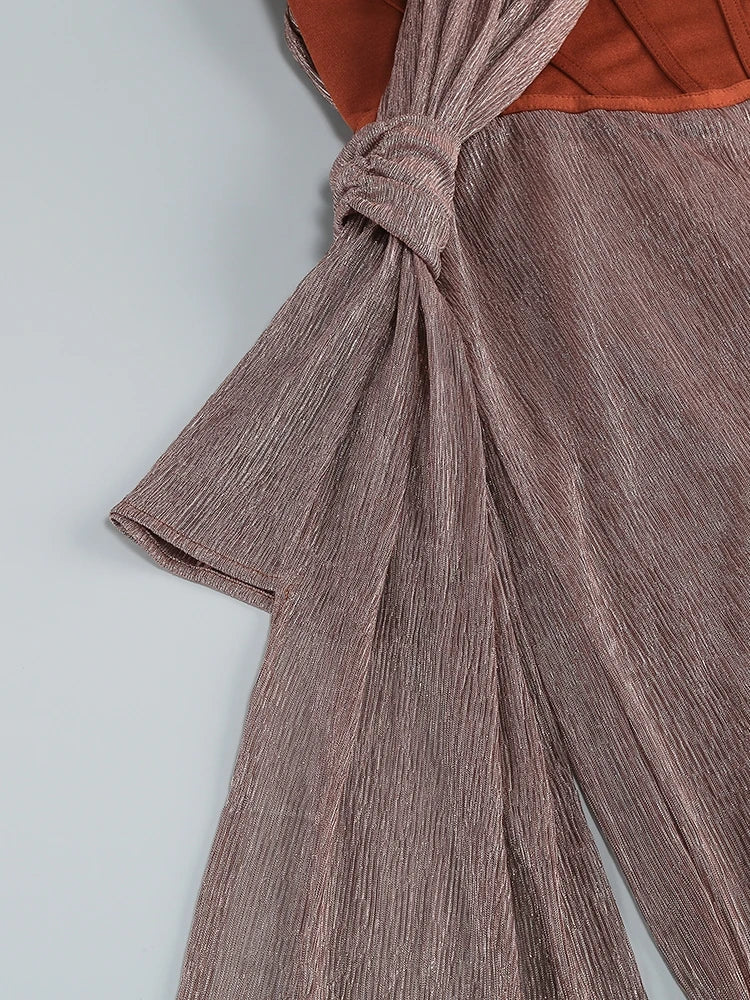 One Shoulder Draped Glitter Brown Maxi Dress
