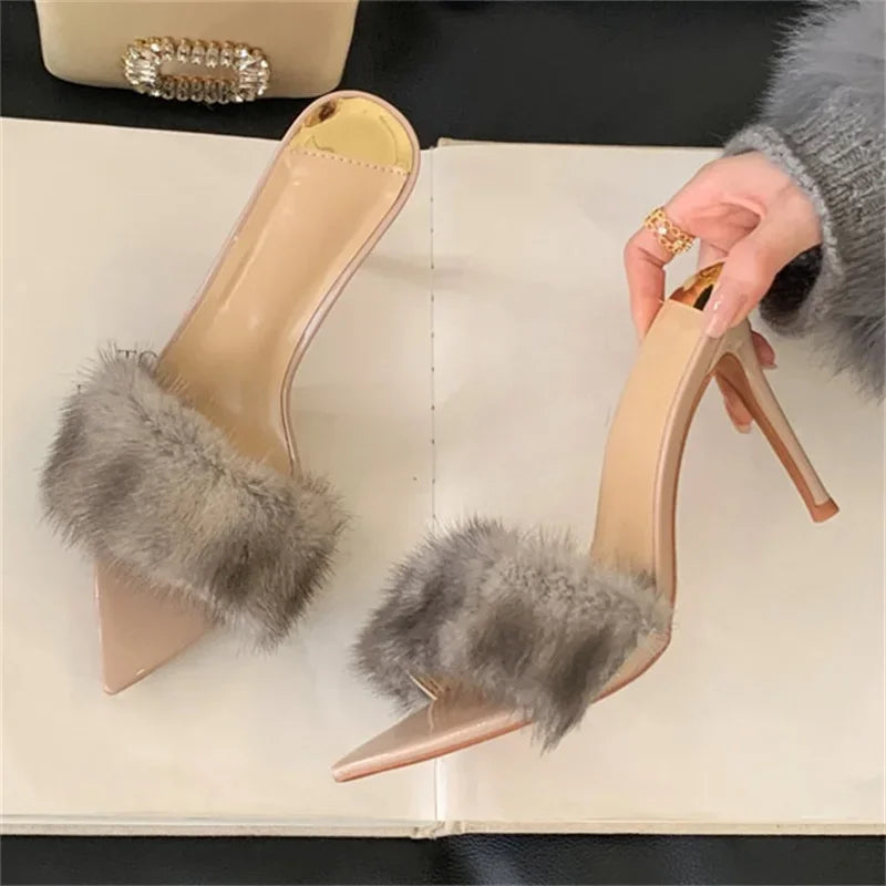 Faux Fur Open Toe Thin High Heels Sandals