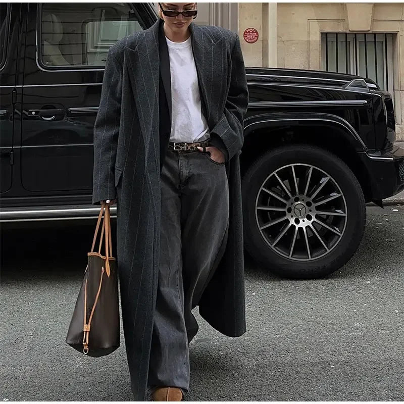Lapel Striped Oversize Full Sleeve Long Coat