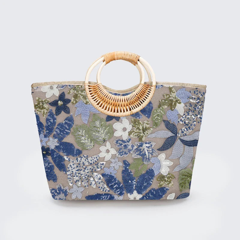 Embroidered Sequin Straw Tote Bag