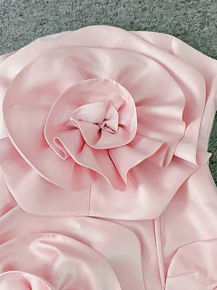3D Floral Strapless Solid Mid-Calf Dress