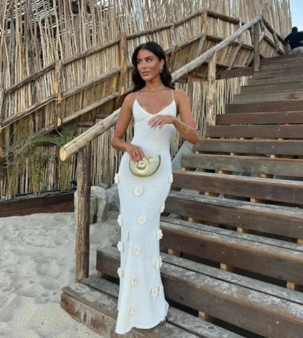 Halter Neck Flower Patchwork Lace-up Maxi Dress
