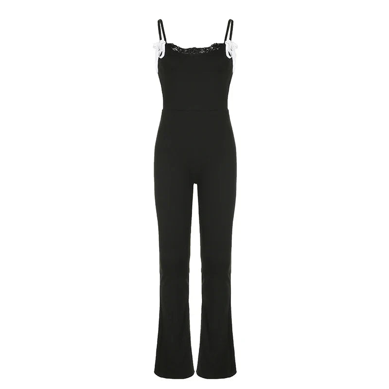 Black Lace Trim Bow Sleeveless Jumpsuit