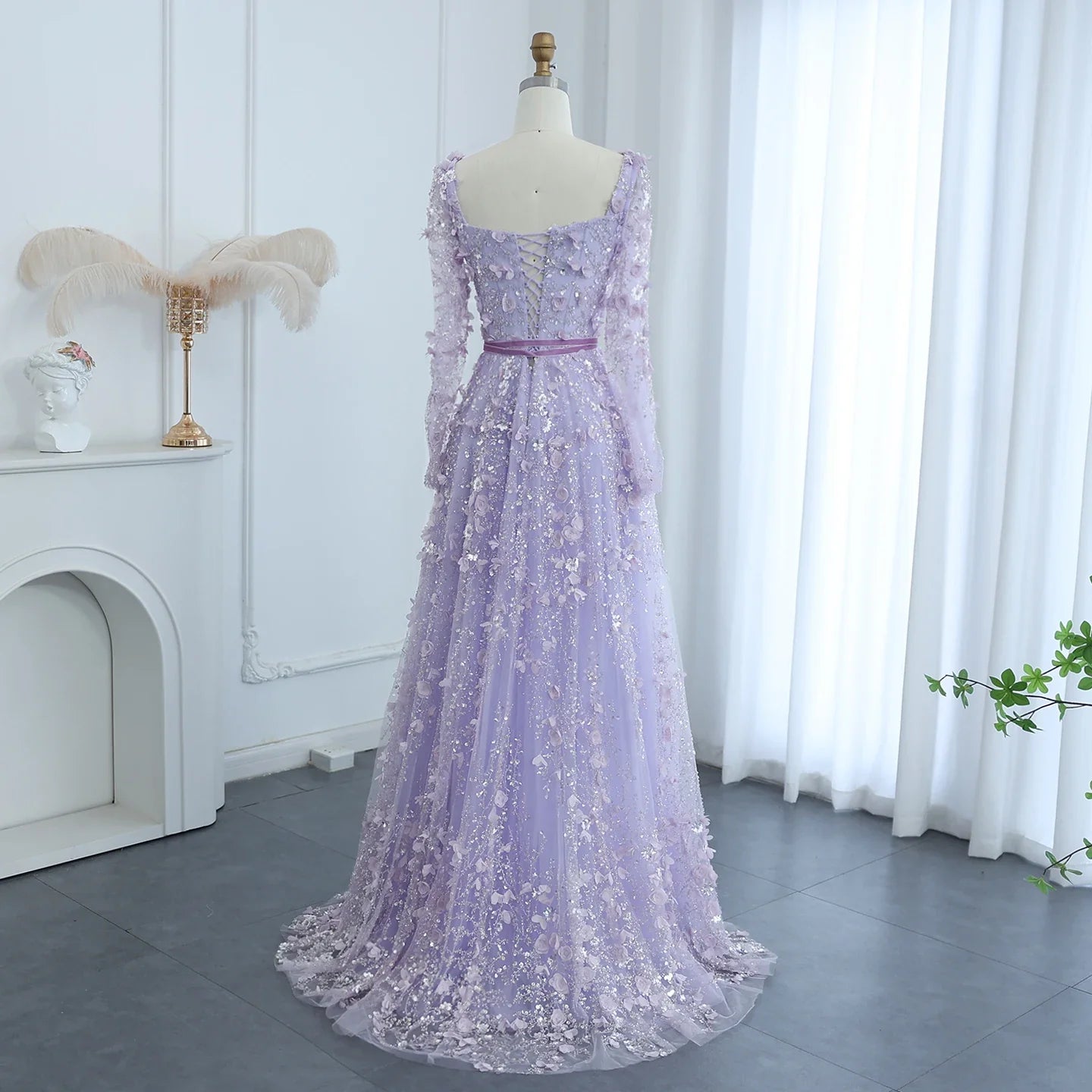 3D Floral A-Line Evening Gown Long Sleeves