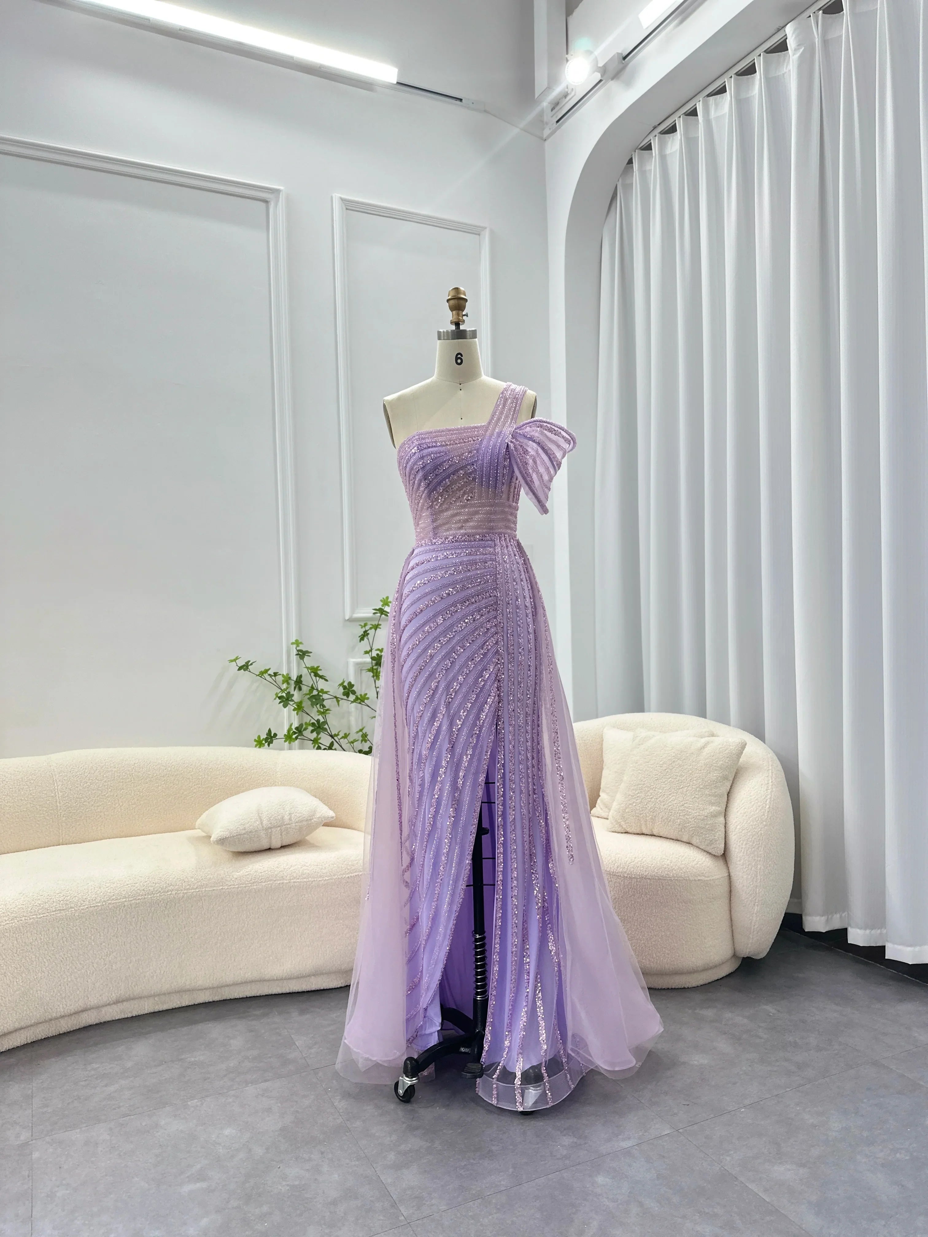Sage Green One-Shoulder Evening Gown with Overskirt