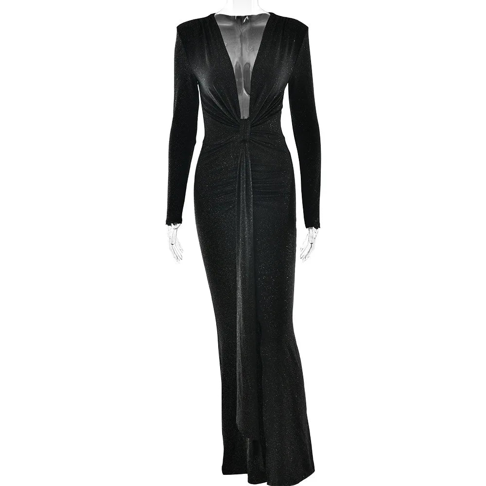 Elastic Deep V-Fold Lace Maxi Dress