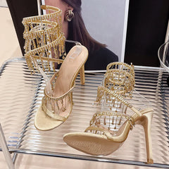 Golden Rhinestones Peep Toe High Heels Crystal Shoes