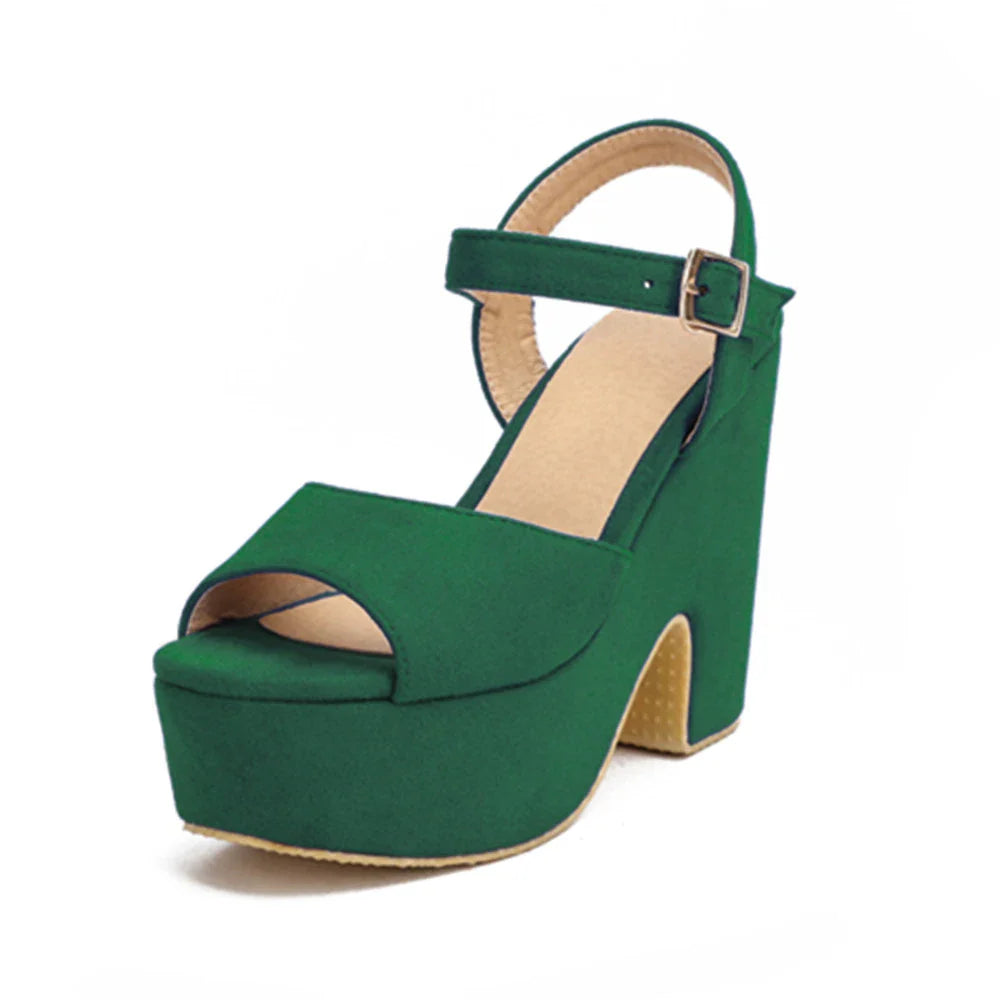 Ankle Strap Buckle Ladies Flock Wedge Shoes