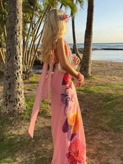 Printed Deep V With Scarf Open Back Dress
