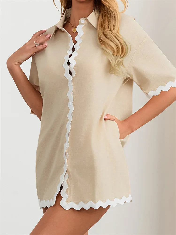 Contrast Short Sleeve Turn-Down Collar Mini Dress