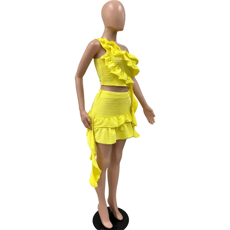 Ruffles Ribbons One Shoulder Top Mini Skirts Suits