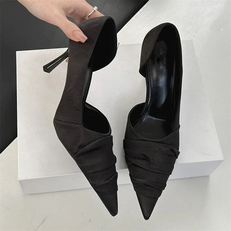 Pleated Shallow Pointed Toe Thin High Heels Shoes