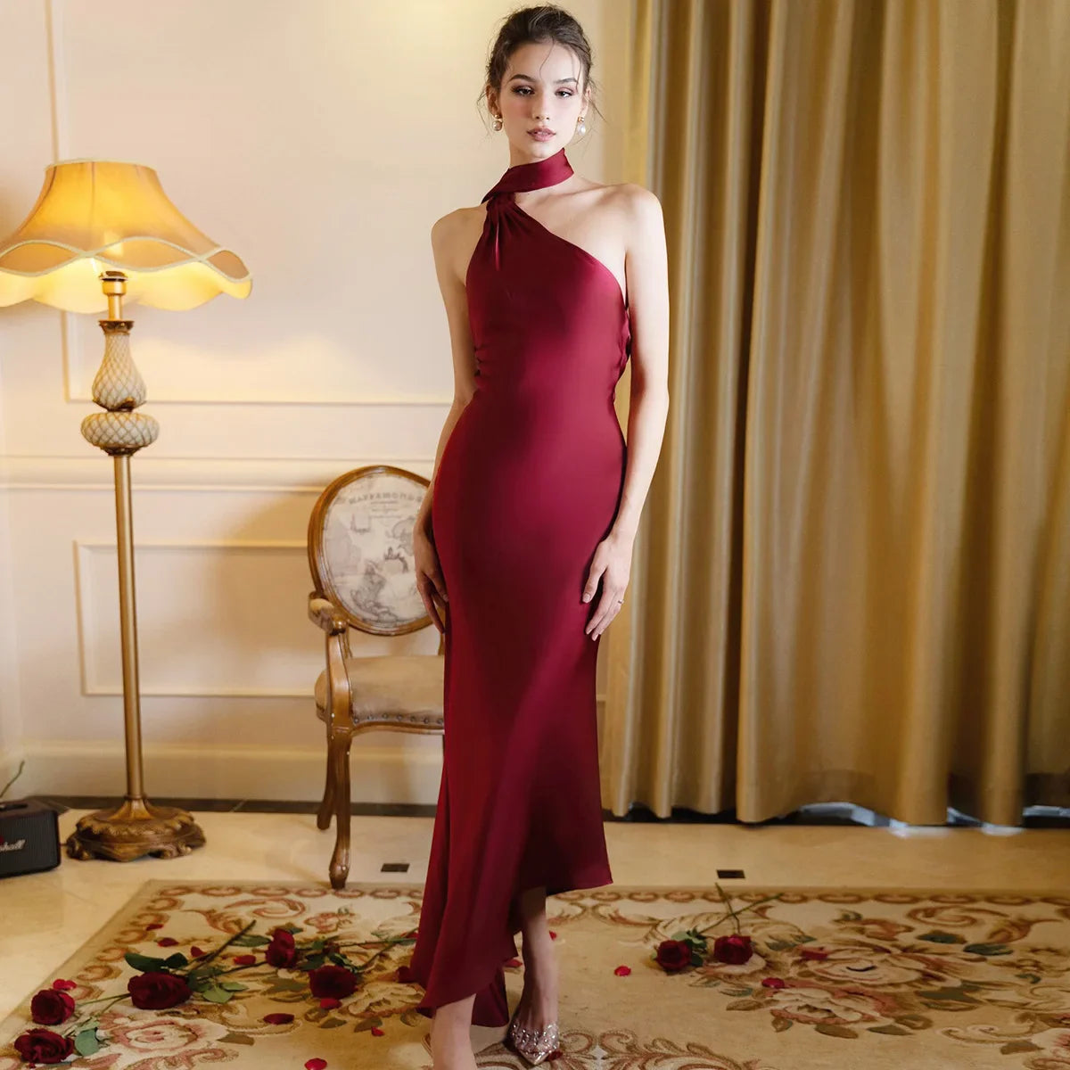 Satin Backless Halter Ribbon Black Maxi Dress