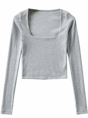 Women Long Sleeves Cotton Ribbed Square Neck Crop Top