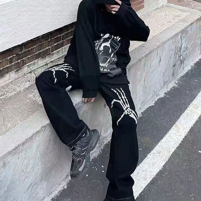 Skeleton Hands Embroidery Jeans