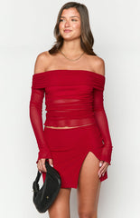 Sky Red Mesh Off Shoulder Top