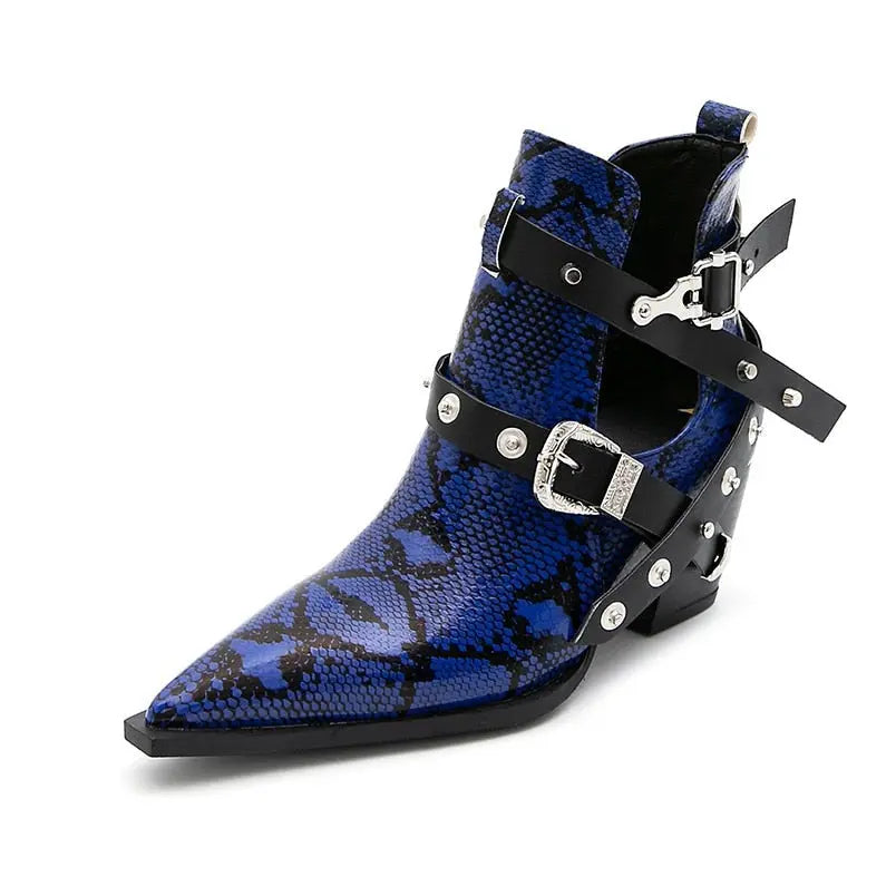Ankle Boots Snake Pattern PU Leather Buckles