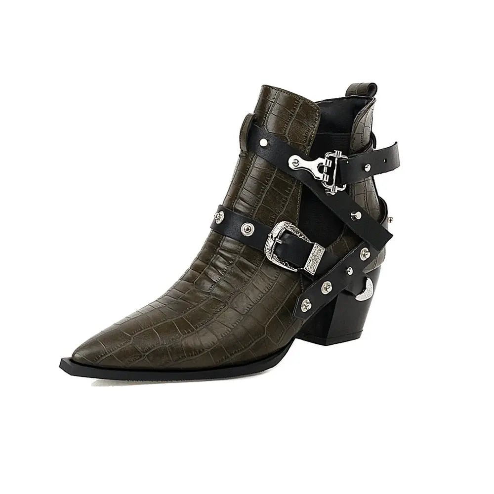 Ankle Boots Snake Pattern PU Leather Buckles