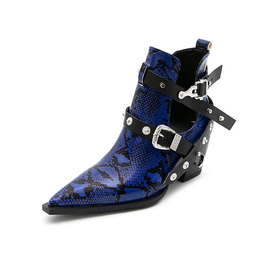 Ankle Boots Snake Pattern PU Leather Buckles