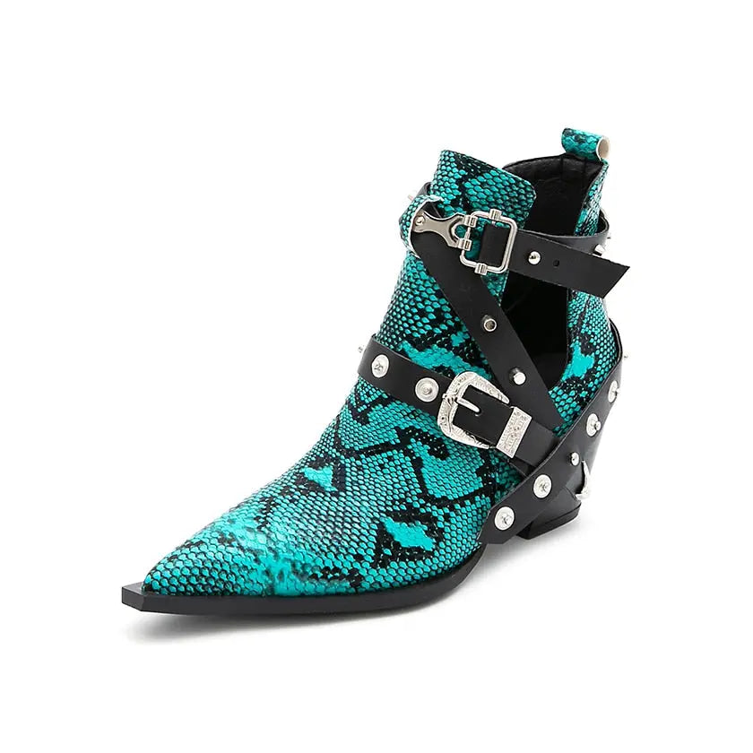 Ankle Boots Snake Pattern PU Leather Buckles