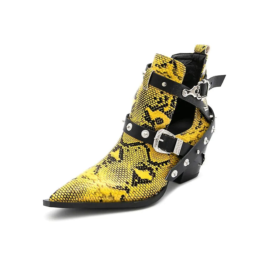 Ankle Boots Snake Pattern PU Leather Buckles