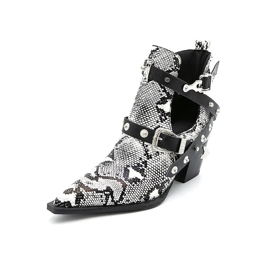Ankle Boots Snake Pattern PU Leather Buckles