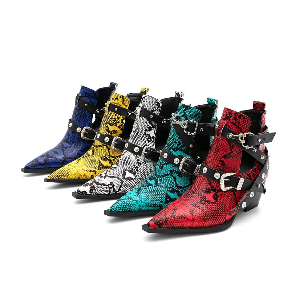 Ankle Boots Snake Pattern PU Leather Buckles