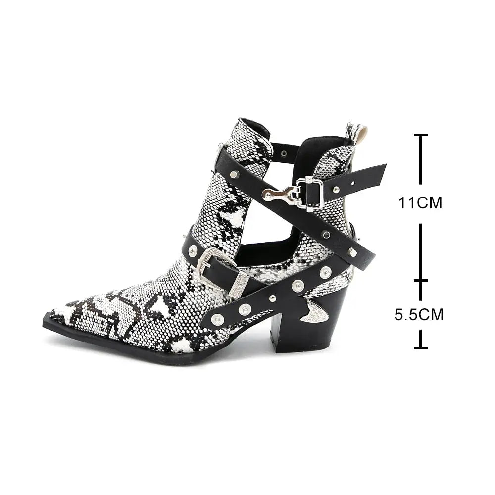 Ankle Boots Snake Pattern PU Leather Buckles