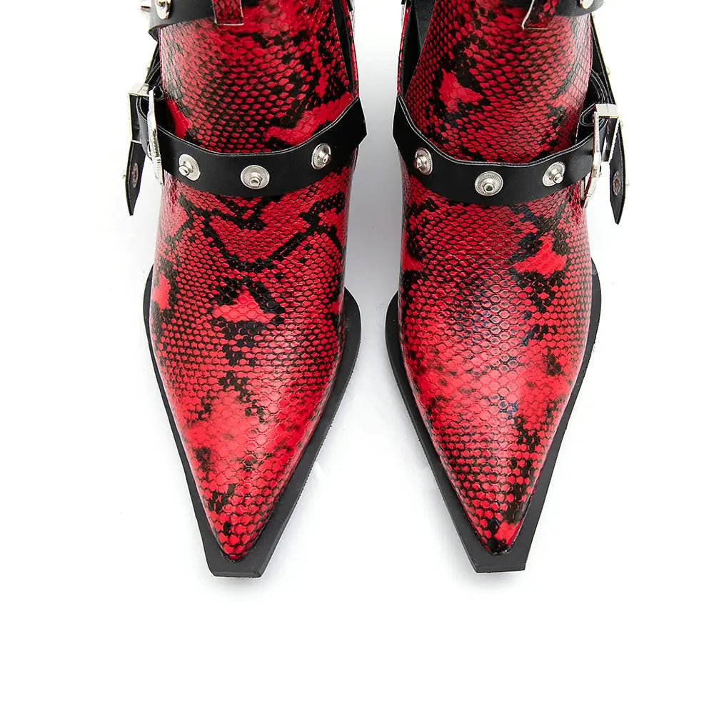 Ankle Boots Snake Pattern PU Leather Buckles