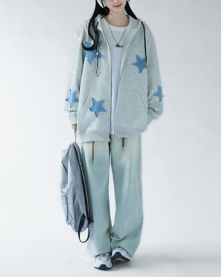 Star Patch Aesthetic Zip Up Hoodie