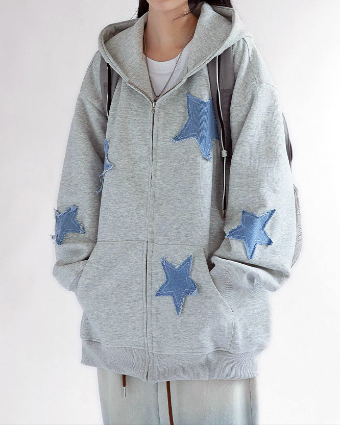 Star Patch Aesthetic Zip Up Hoodie