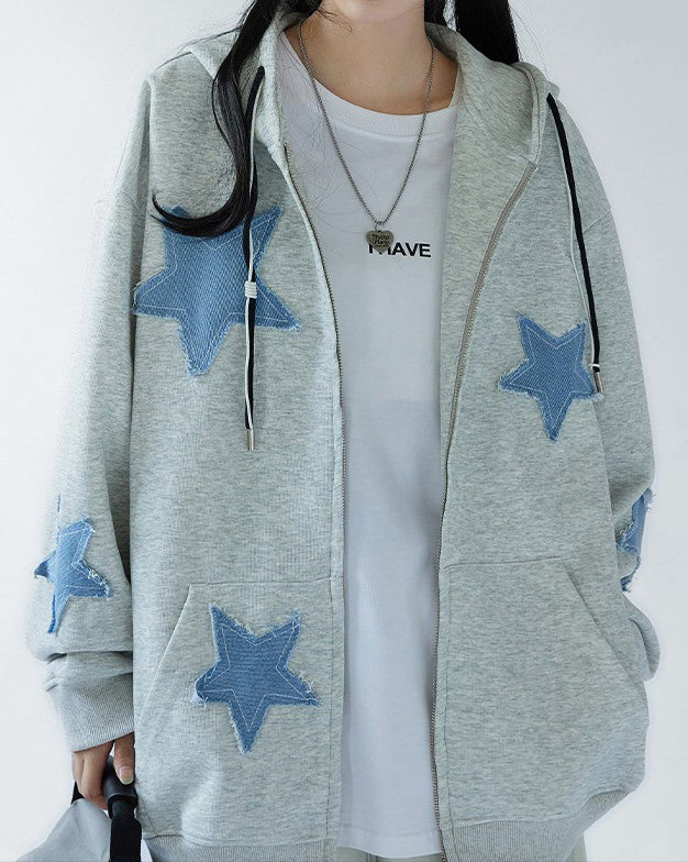 Star Patch Aesthetic Zip Up Hoodie