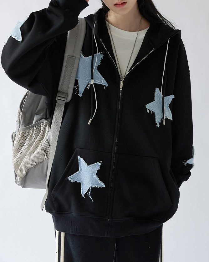 Star Patch Aesthetic Zip Up Hoodie