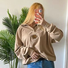 Sun Embroidery Button Up Sweatshirt