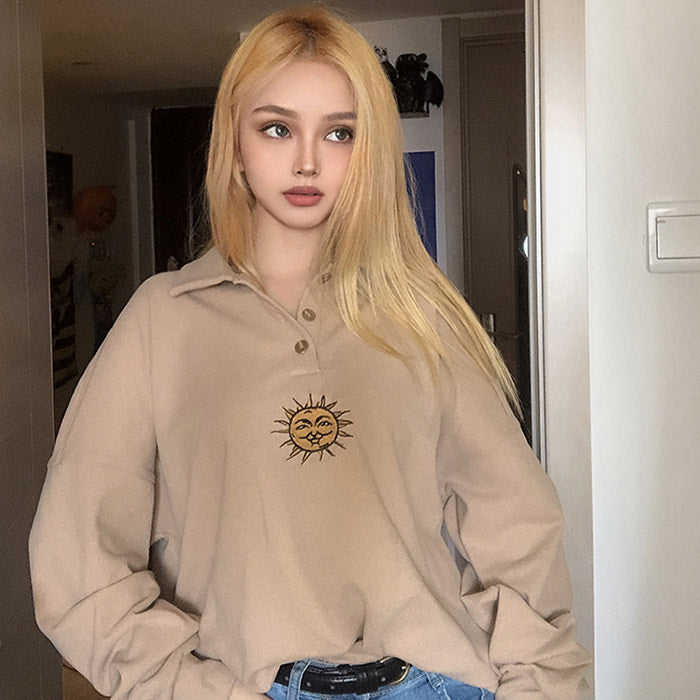 Sun Embroidery Button Up Sweatshirt