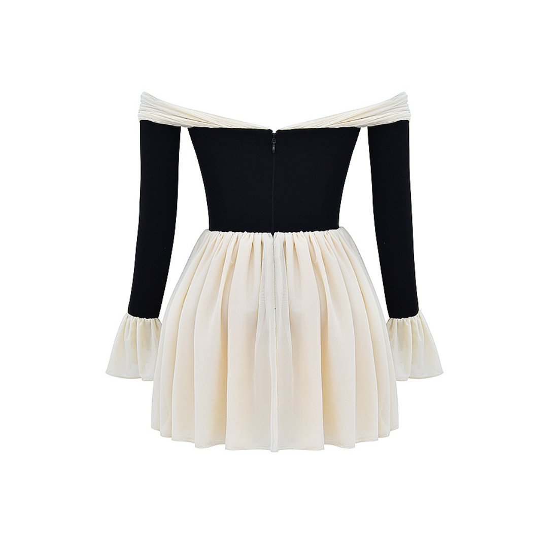 Black & Cream Off Shoulder Flare Dress