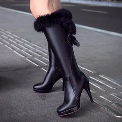 Women Thin High Heel Furry Long Boots