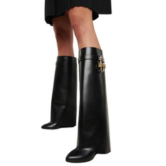 Black High Heel Knee High Lock Pant Boots