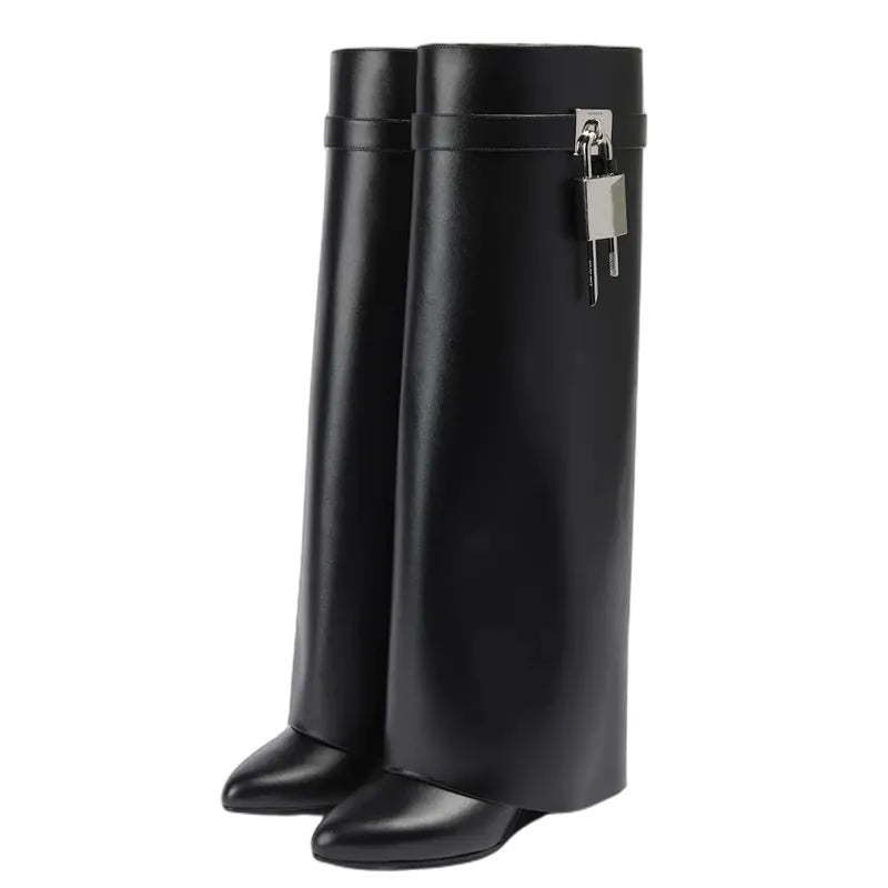 Black High Heel Knee High Lock Pant Boots