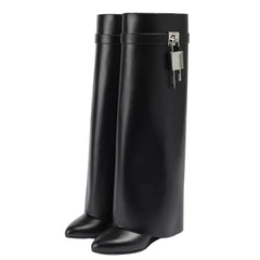 Black High Heel Knee High Lock Pant Boots