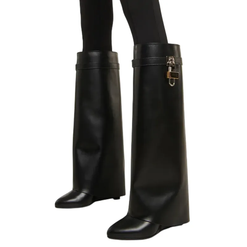 Black High Heel Knee High Lock Pant Boots