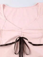 V Neck Bow Tie Front Long Sleeve Tee