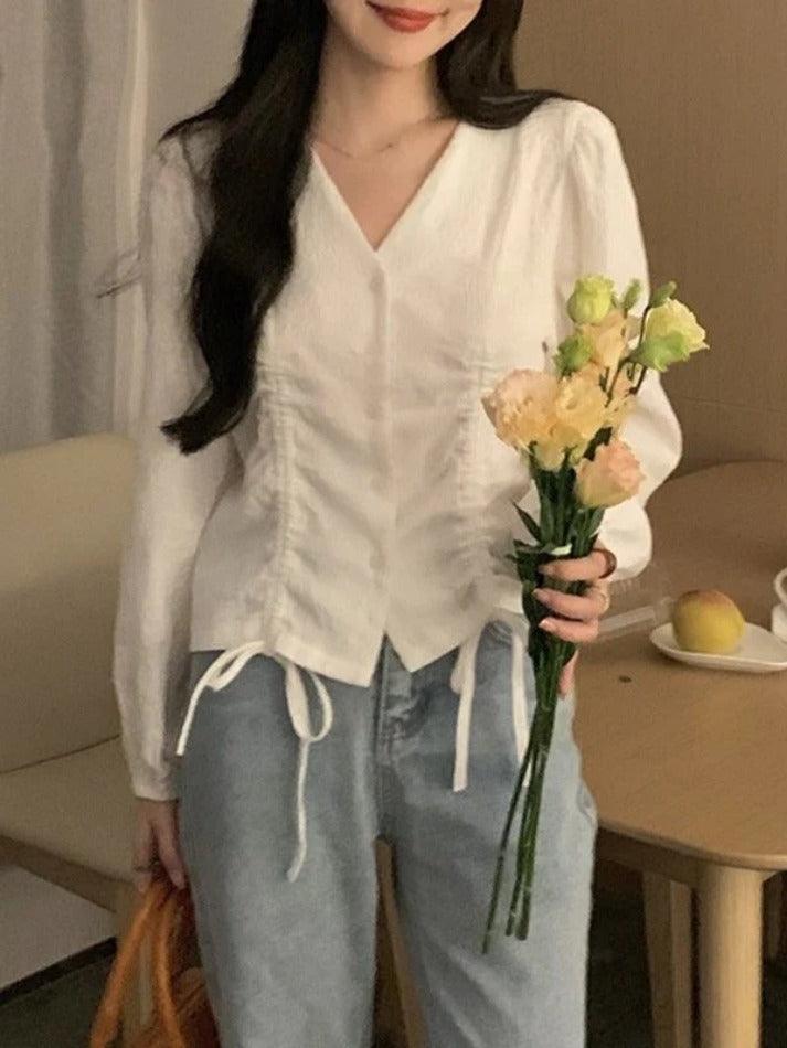 Lace Up Button Front Long Sleeve Blouse