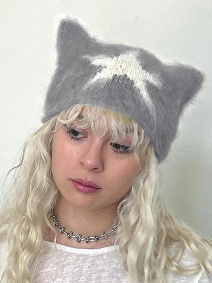 Contrast Color Star Cat Ear Styling Beanie Hat