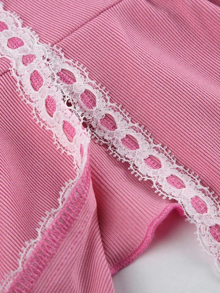 Lace Trim U Neck Slit Cropped Long Sleeve Blouse