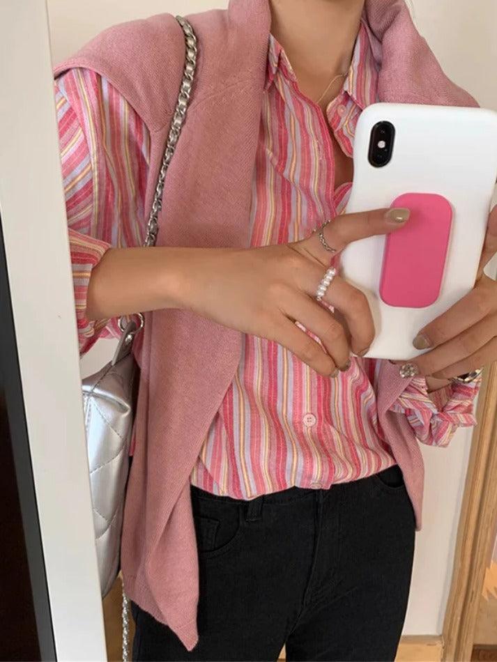Contrast Color Striped Long Sleeve Blouse