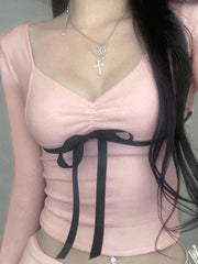 V Neck Bow Tie Front Long Sleeve Tee